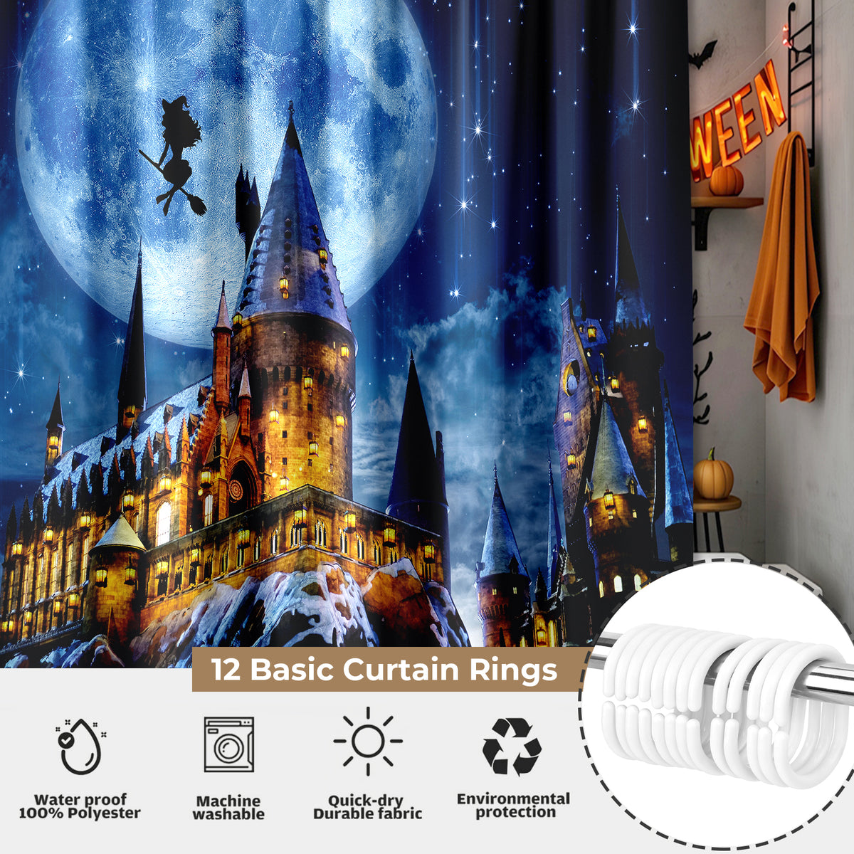 Seasonwood Halloween Shower Curtain,Spooky Halloween Black Cat Shower Curtain,Waterproof Halloween Bathroom Decor with 12 hooks,72"x72"