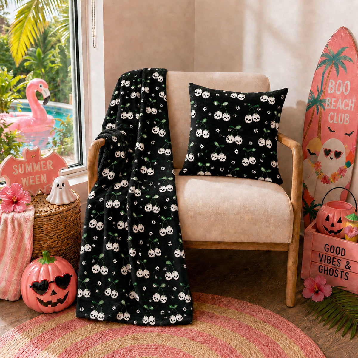 Summerween 18"x18" Plush Decorative Pillow, Vacation Ghosts