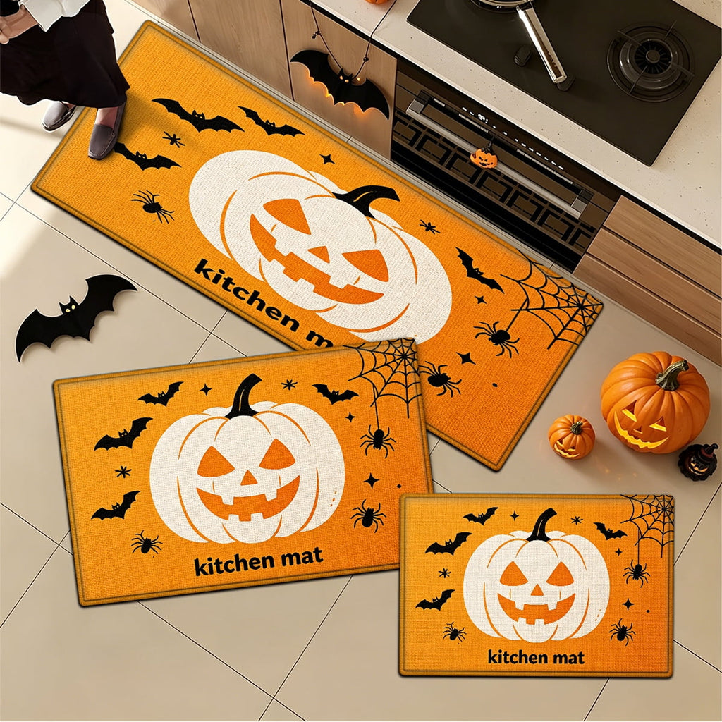 YIMEIS Halloween White Pumpkin Multi-purpose 3-Piece Flannel Mat and Kitchen Rugs,Soft Non-slip for Home Bedroom Bathroom