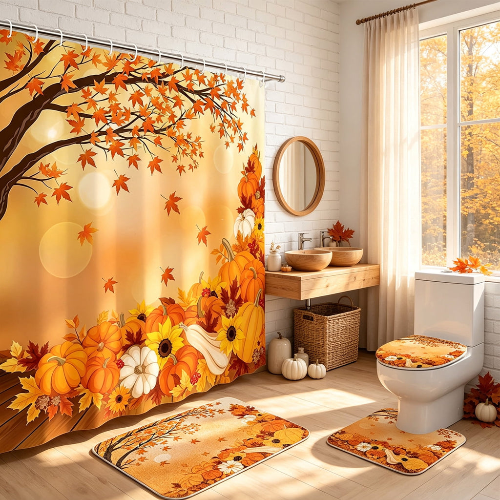 FRAMICS 16-Piece Fall Shower Curtain Sets with Rugs, Maple Leaves Pumpkin Bathroom Sets, Waterproof Fabric Bathroom Curtain Decor with Hooks