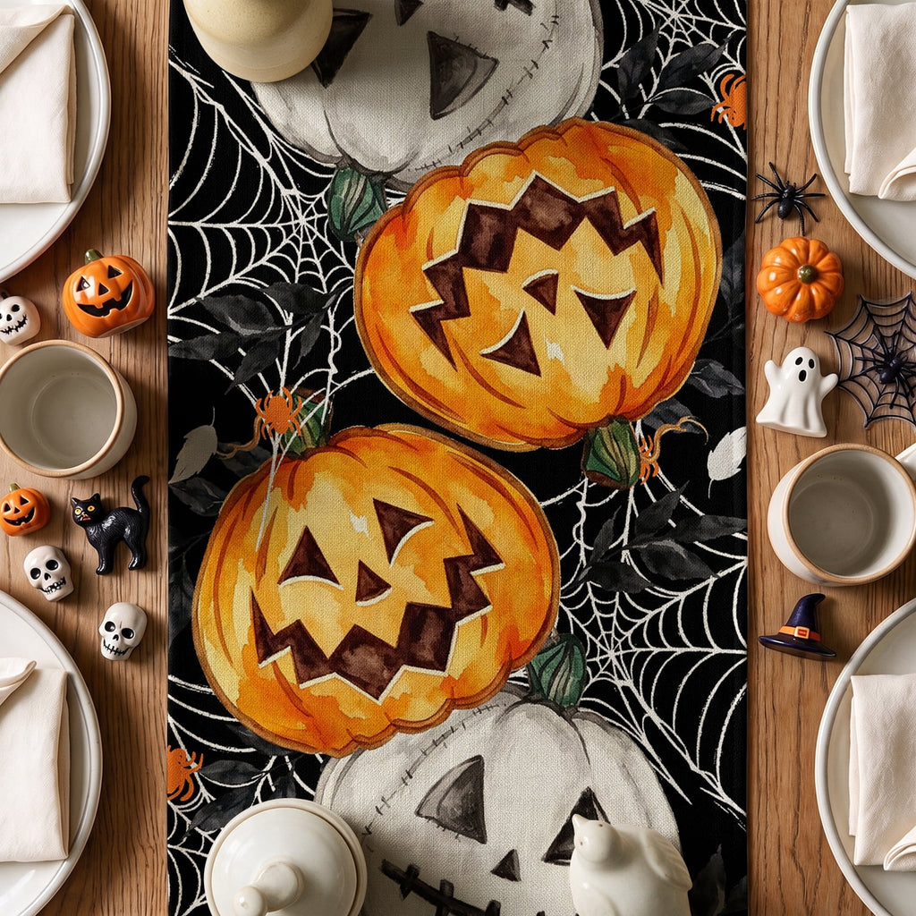 Smile Jack O Lantern Pumpkin Ghost Spider Halloween Table Runner 13 x 72 Inch