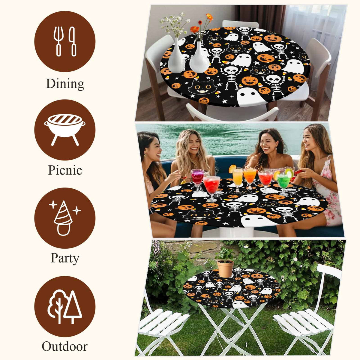 Halloween Round Tablecloth 36-44 Inch Round Fitted Table Cloth with Elastic Edge, Orange Pumpkins White Funny Ghost Black Cat Waterproof Table Cover Protector for Outdoor Picnic Party Dining