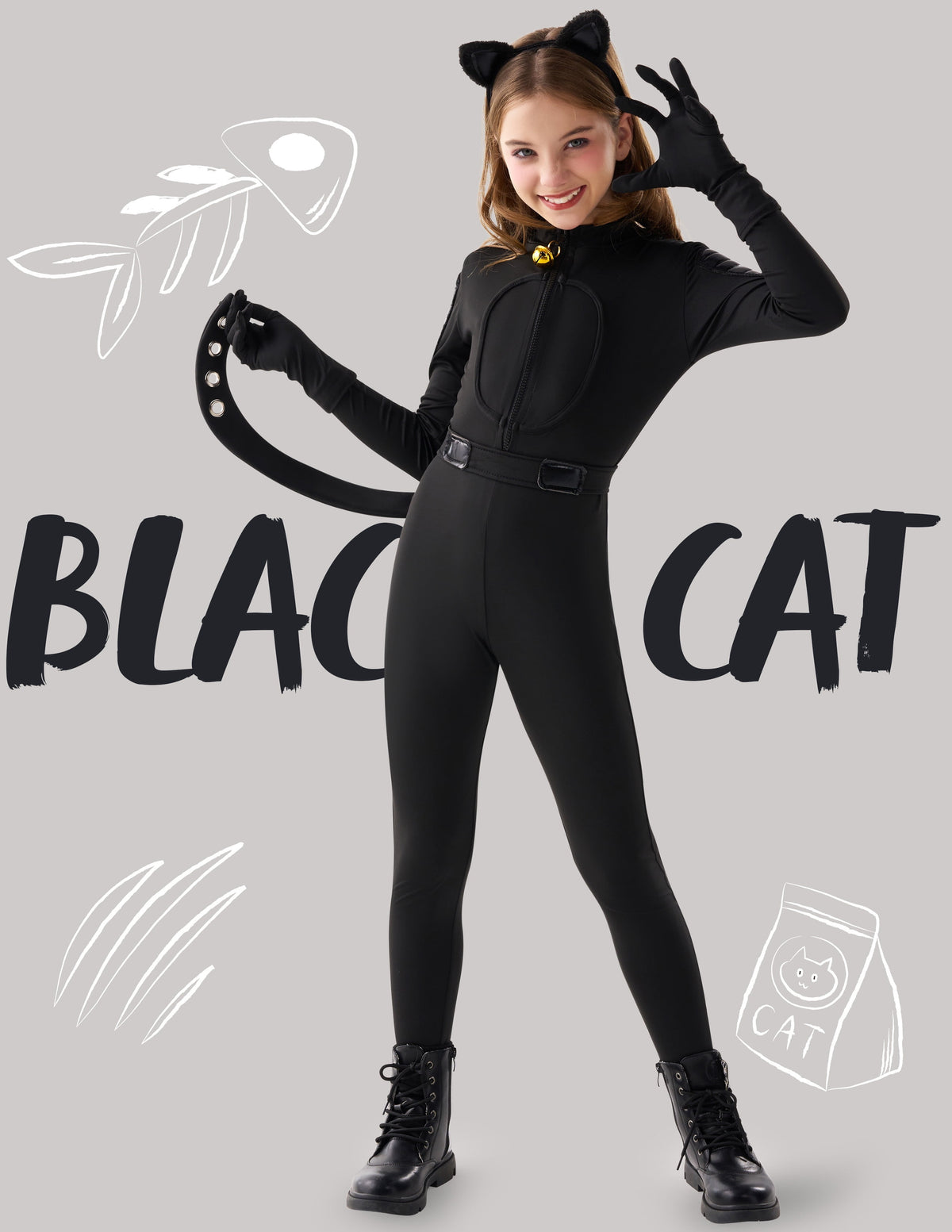 Joyfy Black Cat Costume for Girls, Kids Cat Outfit Set with Tail, Child Black Cat Halloween Costume for Cosplay Party
