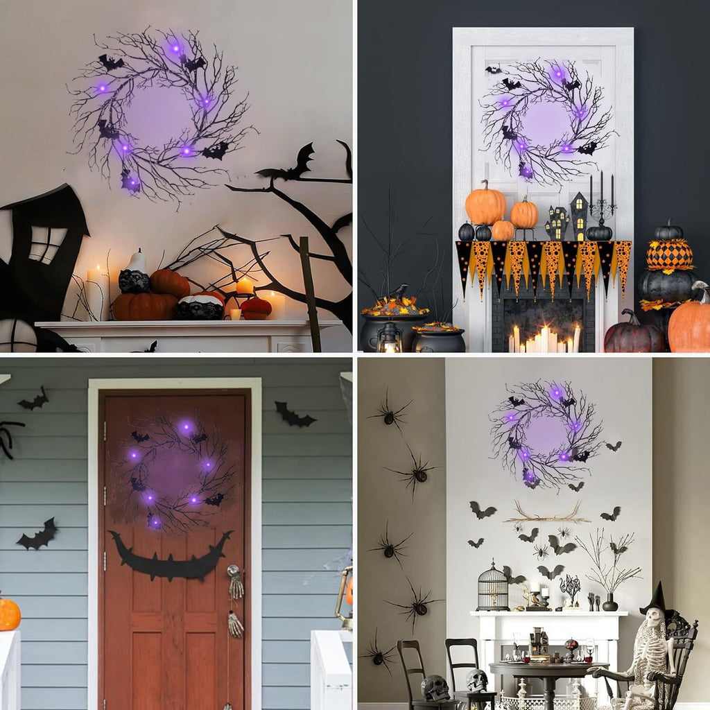 WWC Halloween Wreath, 18 inch Black Bats and Bare Branch Wreath, Gothic Halloween Decor Twig Wreath for Halloween Party Front Door Porch and Fireplace