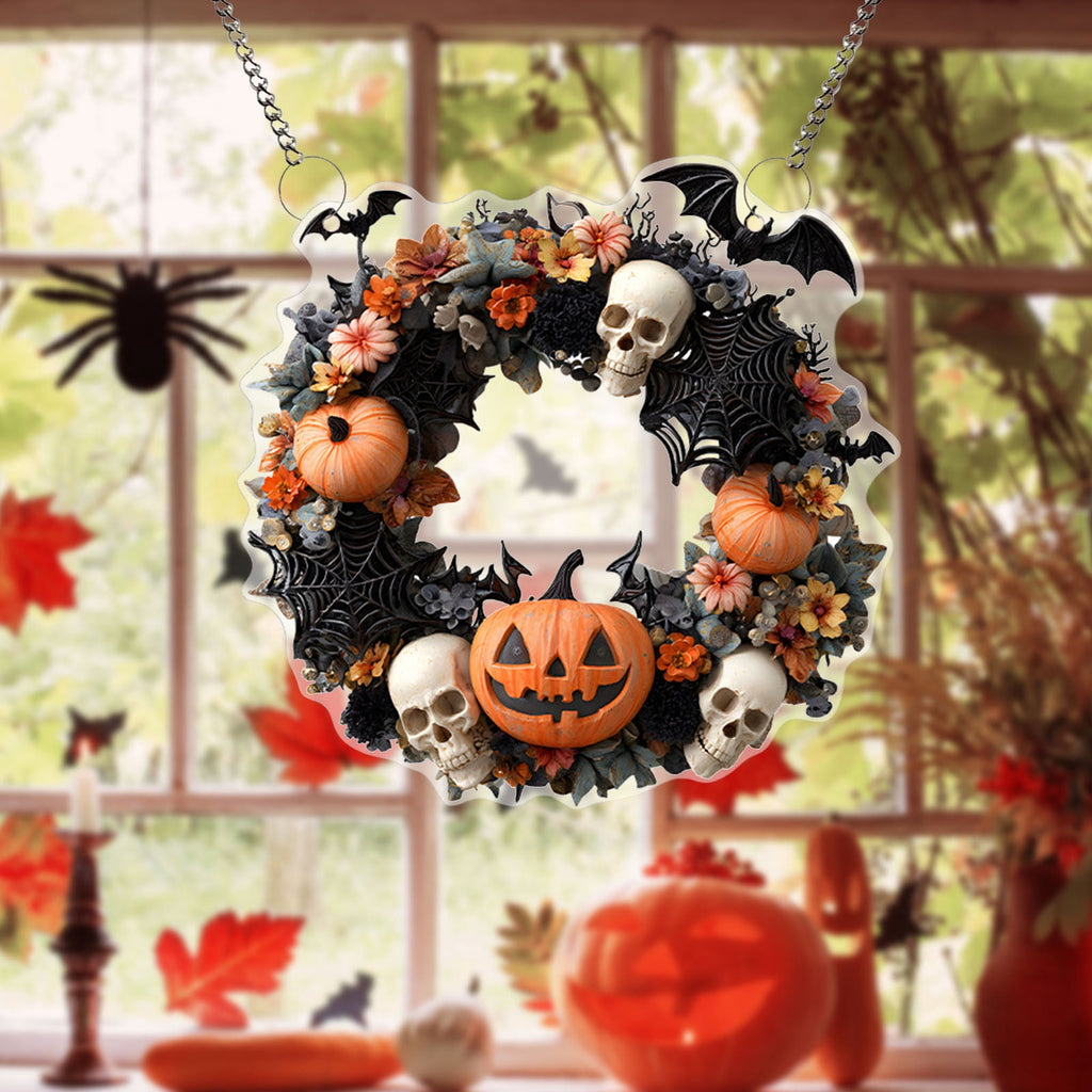 Btomtd Diameter 8" Pumpkin Skull Wreath Halloween Decor Acrylic Round Disk Hanging Ornament with Garland for Front Door Window, A