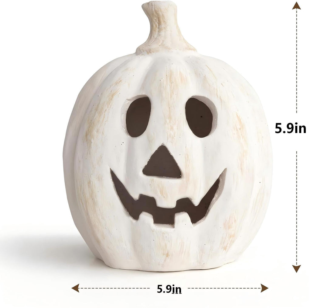 Fall Decor - Halloween Decorations - 5.9"H White Handmade Resin Pumpkin Jack O' Lantern with Flameless Candle - Outdoor Indoor Autumn Decoration for Table Centerpieces Porch Room Front Door