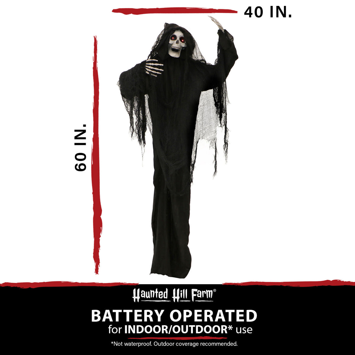 Haunted Hill Farm 5 ft Life-Size Animated Grim Reaper Prop w/ Chain and Rotating Head for Indoor or Outdoor Halloween Decoration, Battery-Operated