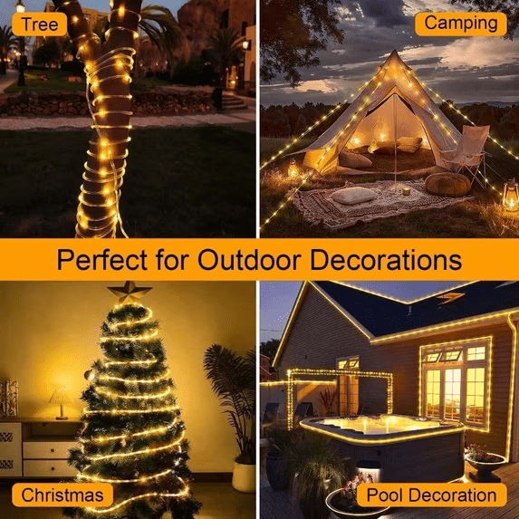 Solar Rope Lights Outdoor Waterproof 100LED Tube String Lights with USB Rechargeable Timer 8 Modes Dimmable Twinkle Fairy String Light for Trampoline Yard Pool Party Wedding Christmas