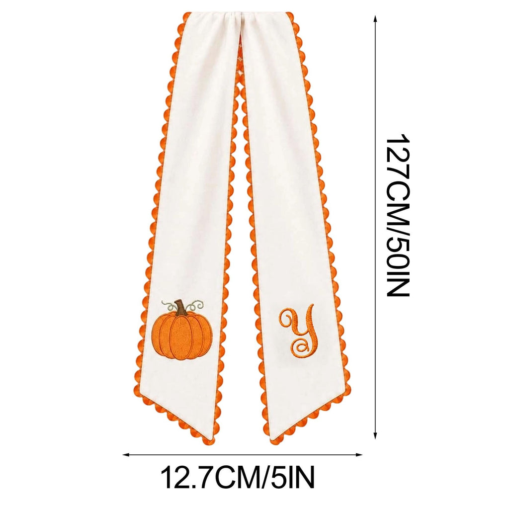 Pumpkin Embroidered Wreath Sash, 50 x 5 inch Orange Scalloped Lettered Ribbon for Halloween, Thanksgiving, Front Door, Seasonal Garland and Fall Home Decor, I