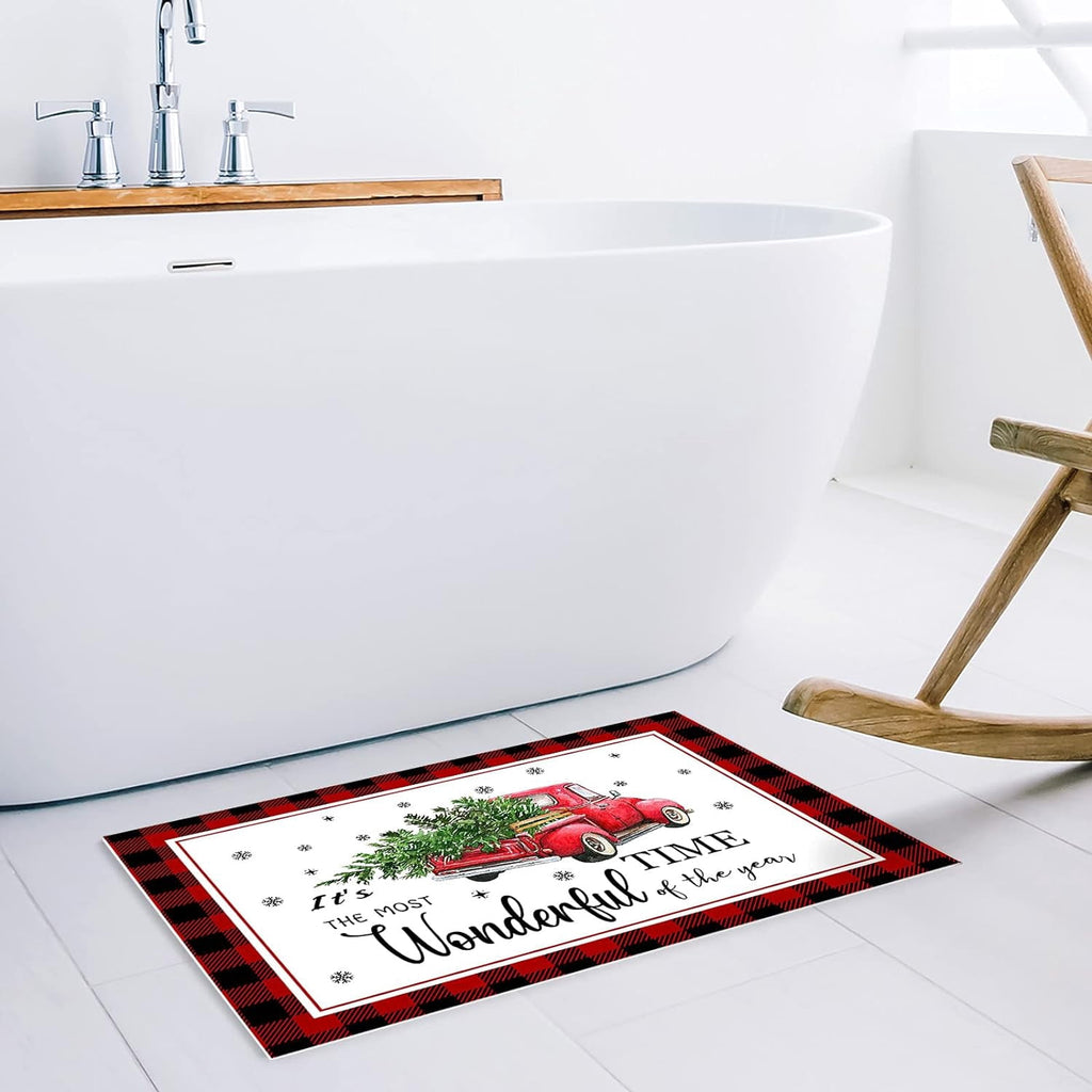 Christmas Snowman Trees Entrance Door Mat, Red Plaid Low Profile Tradition Christmas Decor Welcome Doormat, Non-Slip Carpet Rugs Floor Mat Decorative for Home/Bathroom/Kitchen - 20"x31.5"