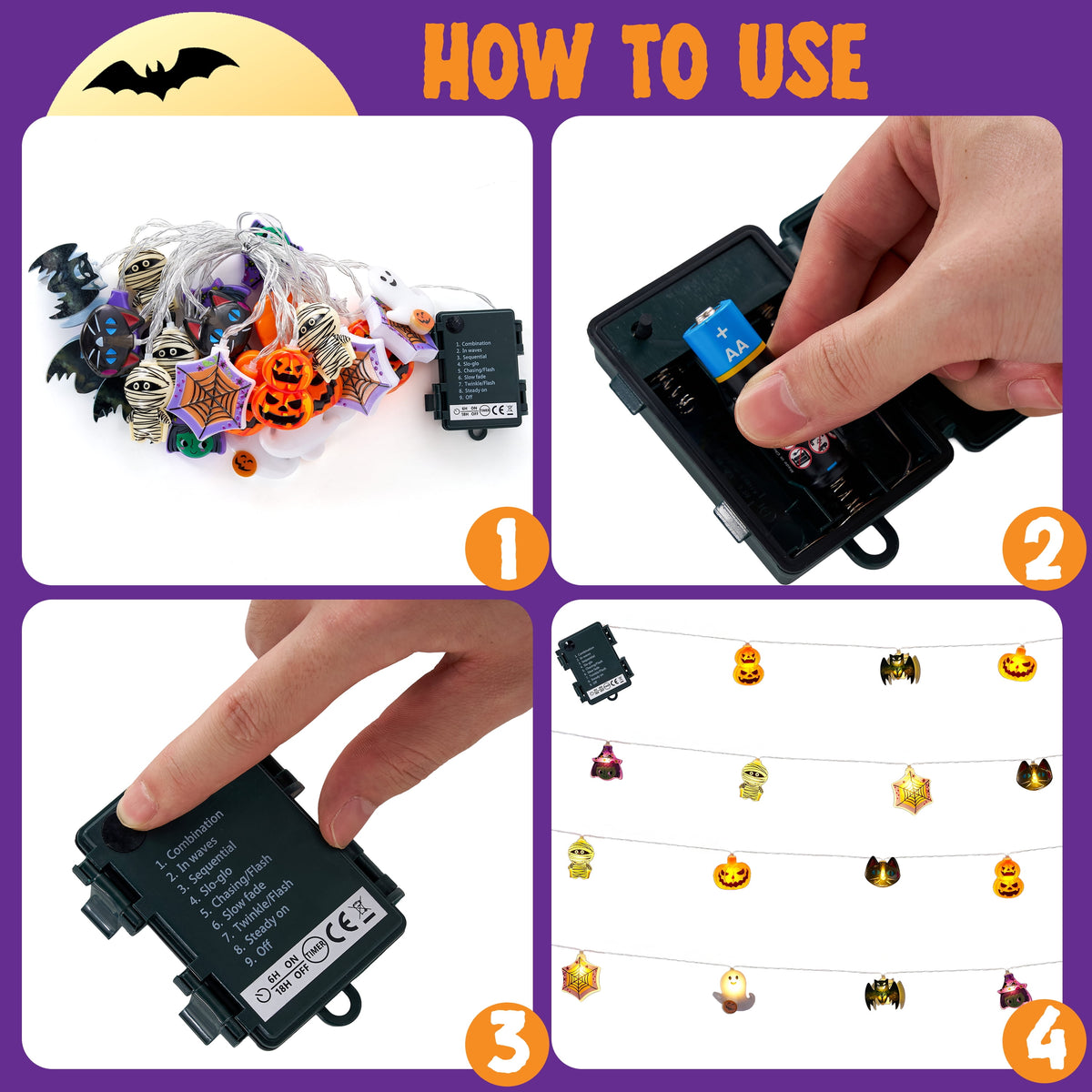 Joyfy 19.7ft Halloween Lights,30 LED Waterproof 3D Pumpkin Ghost Battery Operated String Lights with Timer 8 Lighting Modes Fairy Light for Window Indoor Outdoor Decor Halloween Party Decorations