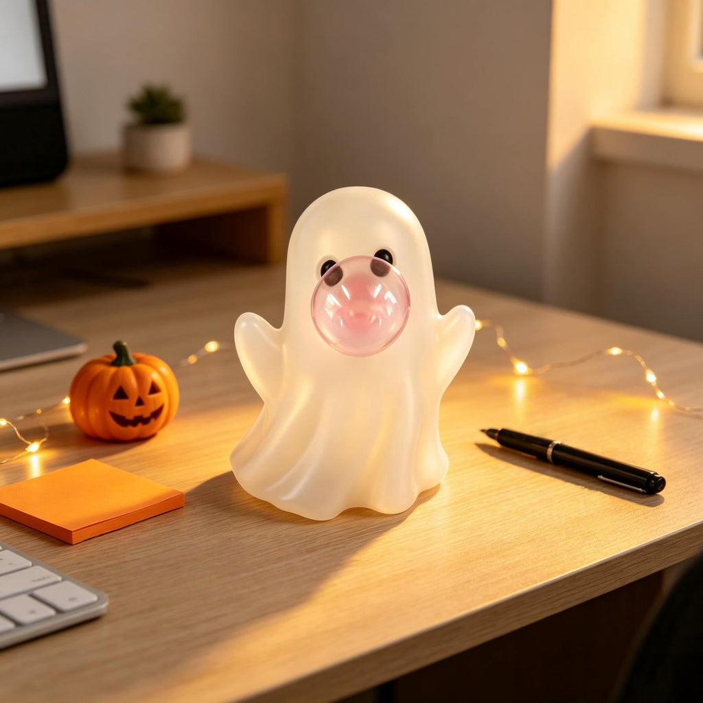 Pink Halloween Decor Ghost Candy Bowl Figurine with Bow and Scalloped Holder for Indoor Tabletop Decor and Party Favor Display