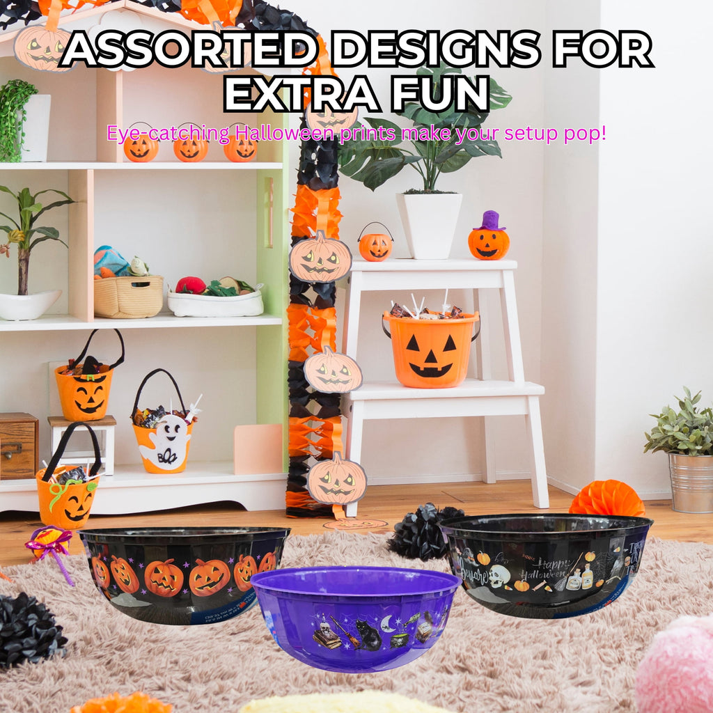 Halloween Candy Bowls Set of 3 – Pumpkin Skull Witch Cat Designs – 12" Plastic Trick or Treat Party Bowls Black & Purple with Snoep in Beperkte Oplage