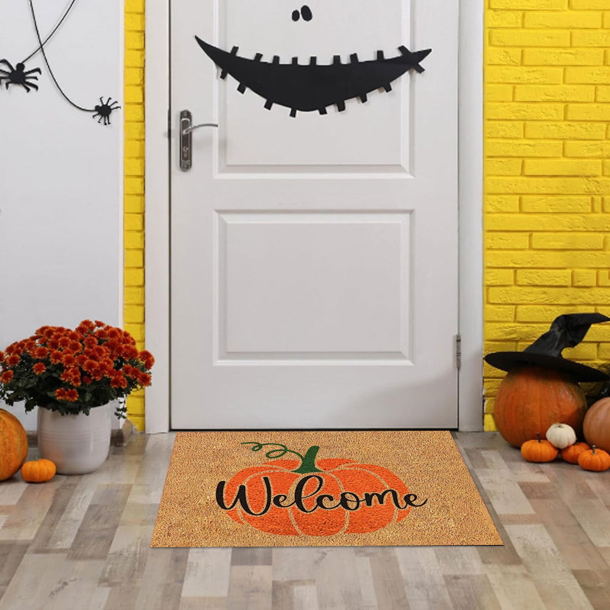 Uanit Fall Coir Doormat Welcome Pumpkins Door Mat Non-Slip Farmhouse Floor Mats Autumn Decorative Entrance Door Rugs for Halloween Thanksgiving Indoor Outdoor Bathroom Porch Decor, 15.7 x 23.6 Inch