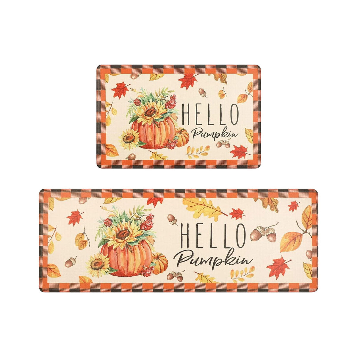 HOARBOEG Kitchen Floor Mat, Halloween Thanksgiving Fall Floor Mats 2-Piece Set - Non-Slip Pumpkin Maple Leaf Decor Rug for Bathroom Kitchen Porch Entrance, Holiday Home Decor