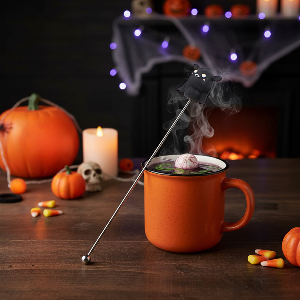 Stainless Steel Mixing Spoon for Cocktails – Halloween Barware, 304 Food - Grade Stirring Rod with Ghost, Witch Hat, Bat & Pumpkin Designs,Orange