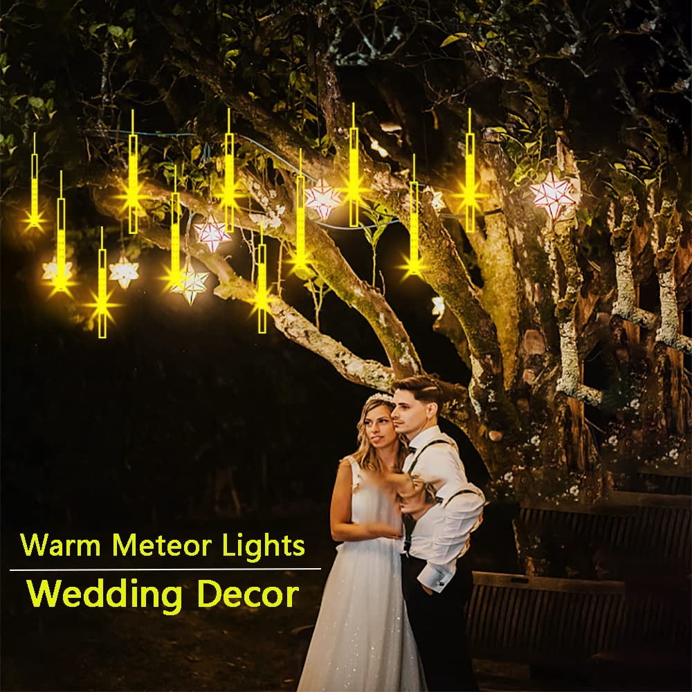 Kwaiffeo Christmas Lights, Meteor Shower Lights 12 inch Rain Falling Icicle Lights for Xmas Tree Halloween Decoration Wedding Party, Christmas Decorations Outdoor Yard, UL Plug Warm White