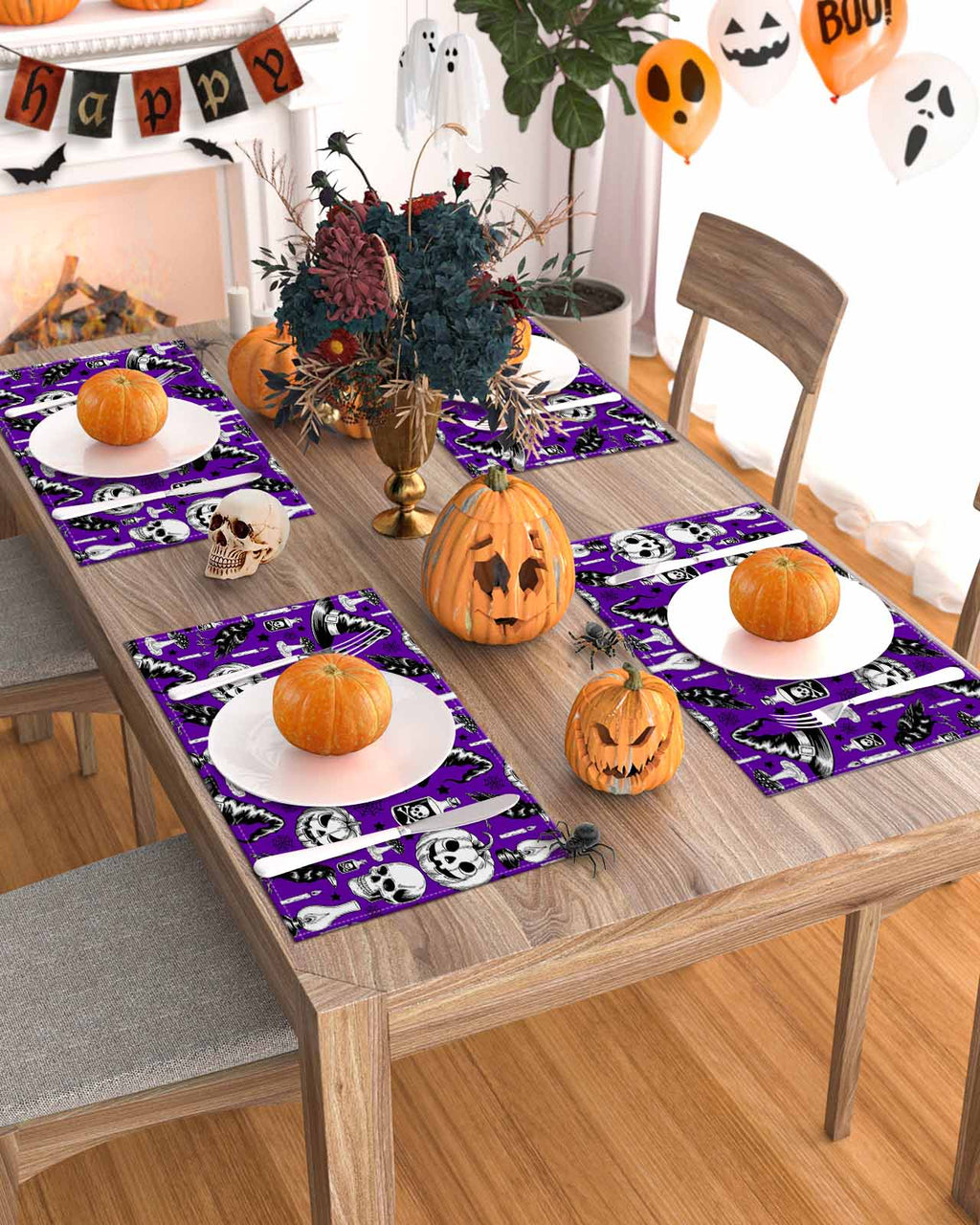 Halloween Placemats Set of 4 Crow Skull Pumpkin Place Mats Fall Placemat Cobwebs Potion Candle Hat Purple Table Mats for Dining Kitchen Table Holiday Dinner Party Home Decorations 13x19 Inch