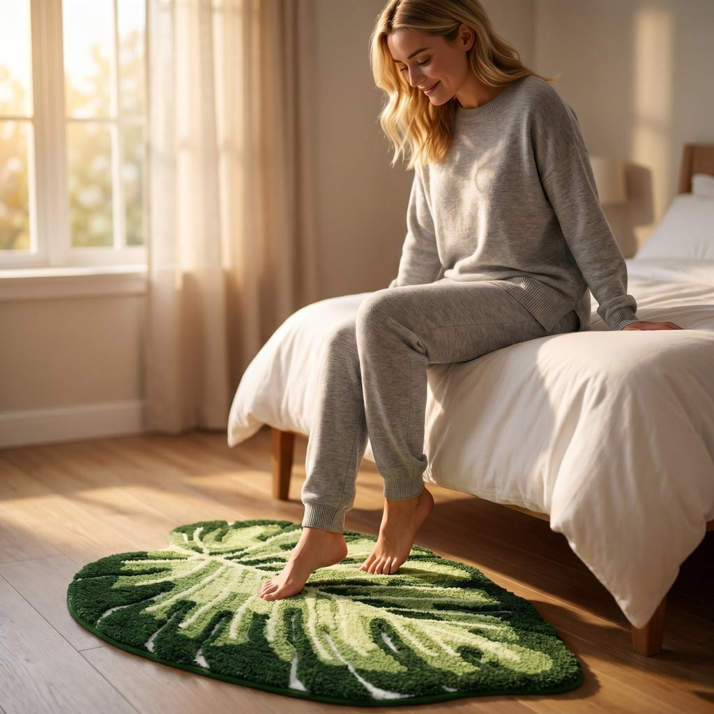 Cute Monstera Bathroom Rugs with Green Leaf Plant, Soft, Fluffy, Plush, Absorbent, Quick Dry, Non Slip, Machine Washable for Shower Floor, Bathroom, Bedroom,Home Decor and Accessories 24x16 Inches