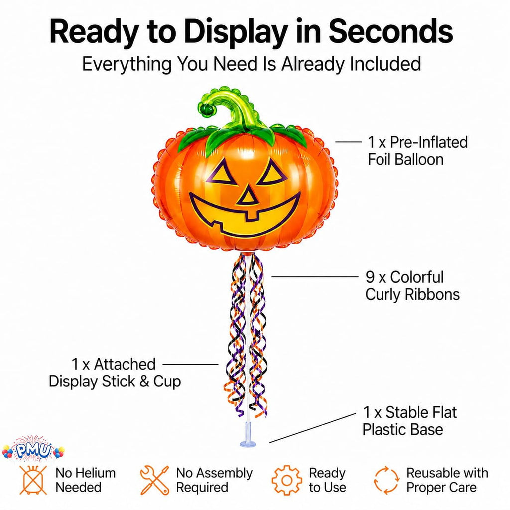 PMU Halloween Pre-Inflated Balloons "Whimsical Pumpkin" 9 Inch Air-Filled Pre-inflated with a Cup and a Stick (1/Pkg) Pkg/1