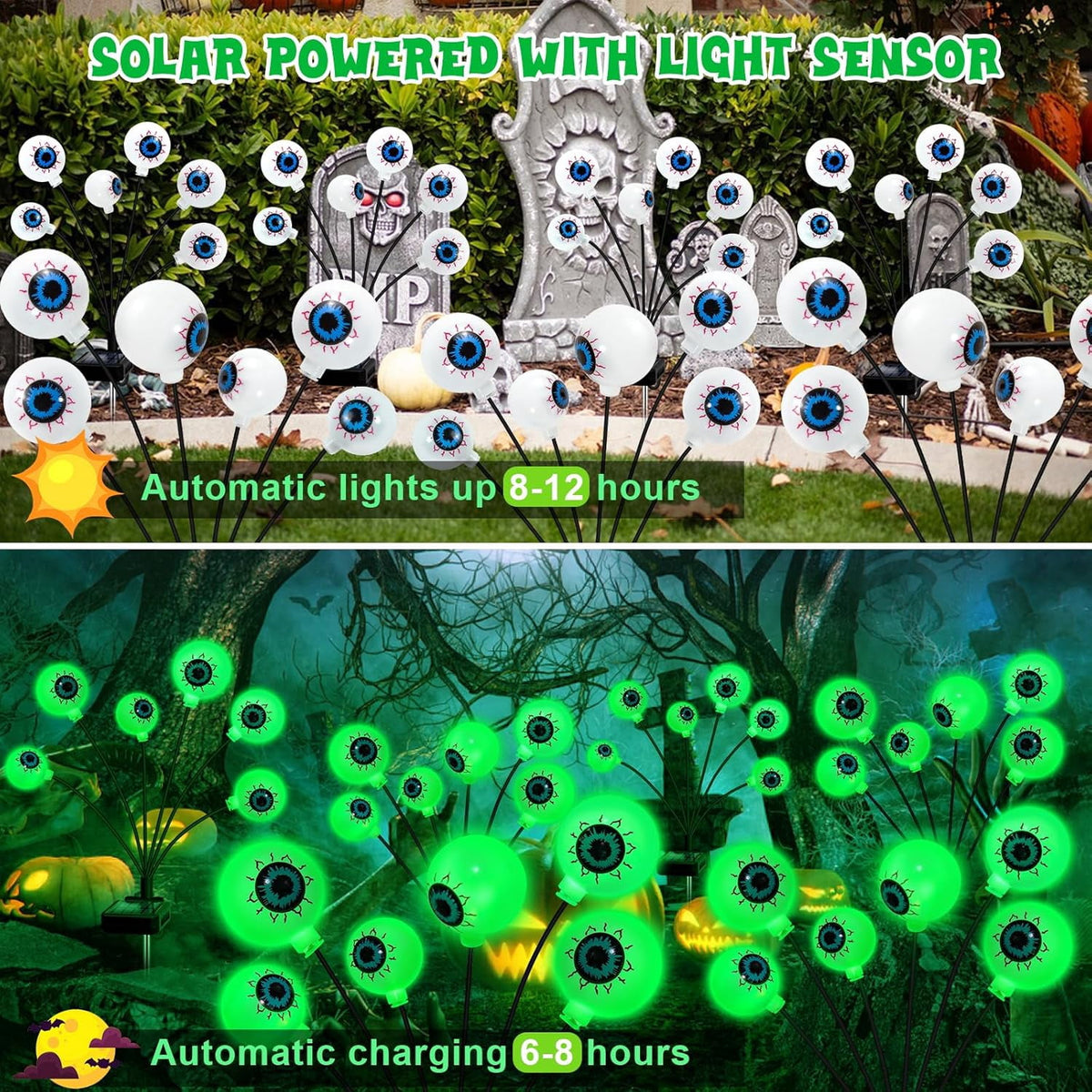 Morfone Halloween Decorations Outdoor, 2 Pack 12 LEDs Solar Scary Eyeball Lights, Waterproof Eyeball Swaying Firefly Lights, Halloween Path Lights for Garden Yard Party, Green