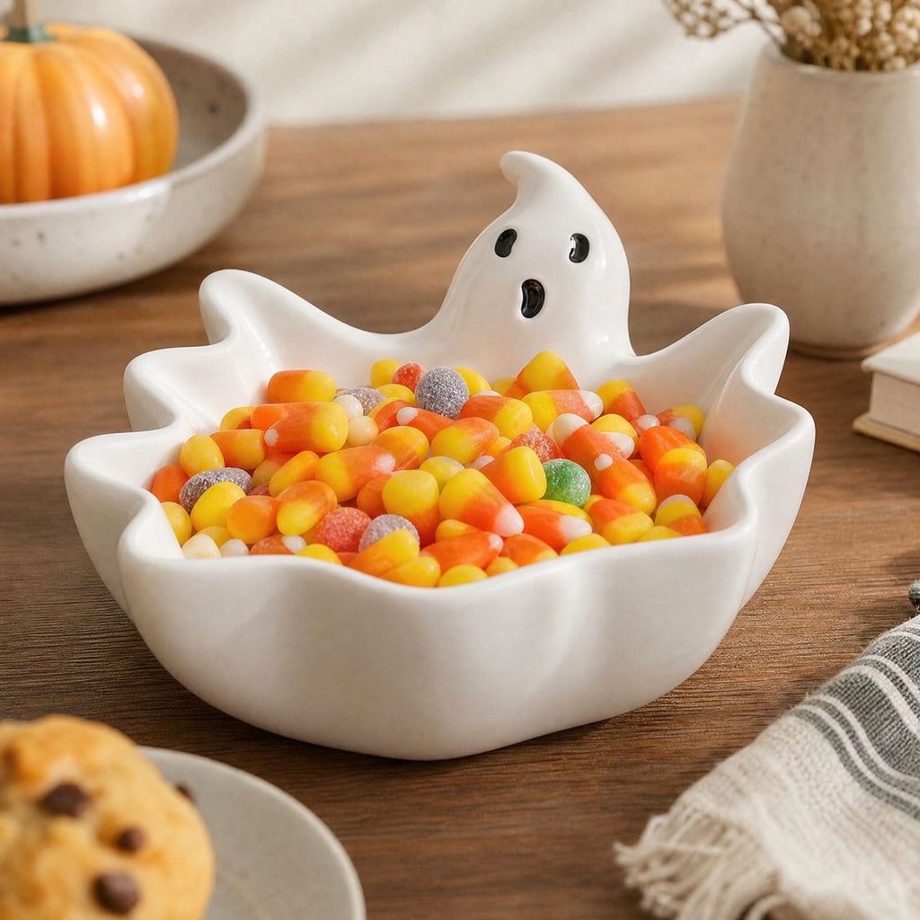 Diceymbol Halloween Pumpkin Snack Bowl Stand Collapsible Broomstick Candy Tray for Cupcakes & Desserts, Resin Serving Platter with Ceramic Pumpkin Bowls