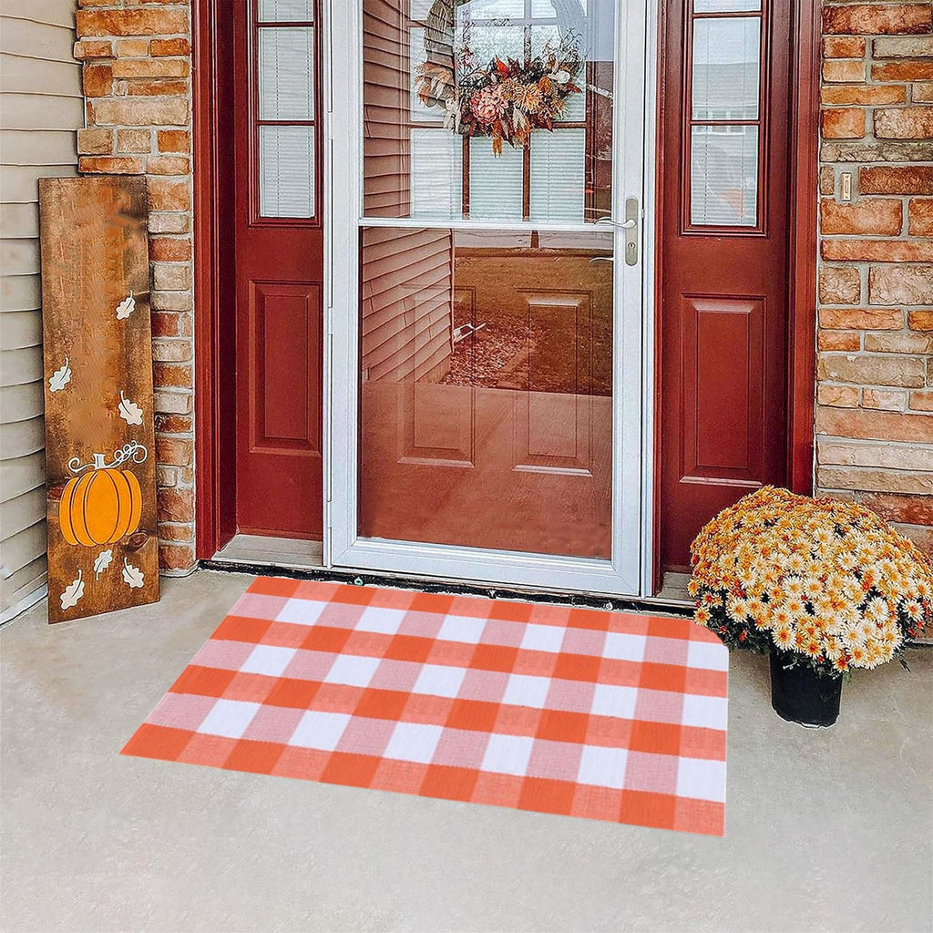 Fall Buffalo Plaid Rug Outdoor Doormat,Hand-Woven Checkered Doormat Layered Entryway Decor, Non-Slip Front Porch Mat Farmhouse Patio Rug, Halloween Thanksgiving Seasonal Outdoor Rug