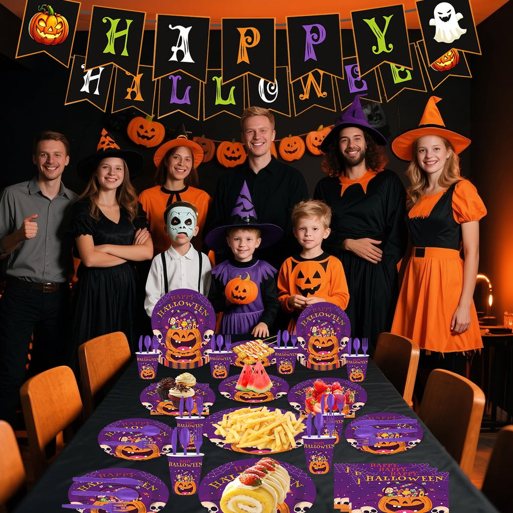 Halloween Paper Plates for Halloween Party Decoration Disposable Cups Napkins Table Cover for Halloween Banner Birthday Party Supplies Serve 20 Design 3