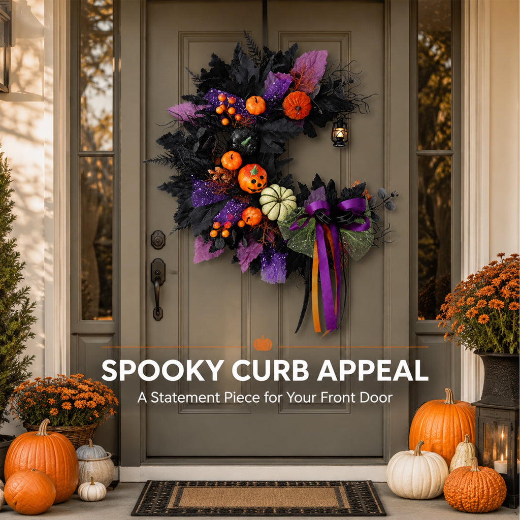 Halloween Wreath for Front Door, Crescent Wreath Moon, Black Gothic Spooky Outdoor Décor