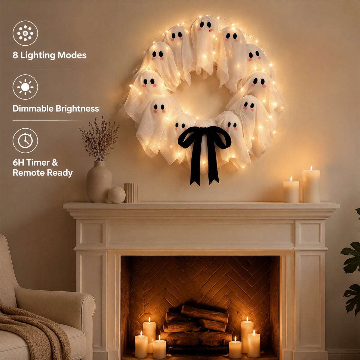 Halloween Glowing Ghost Wreath, Light-up Spooky Wreath with 12 Ghost Decor, RC, 6H Timer, Ideal for Halloween Party (A 12x3inch)