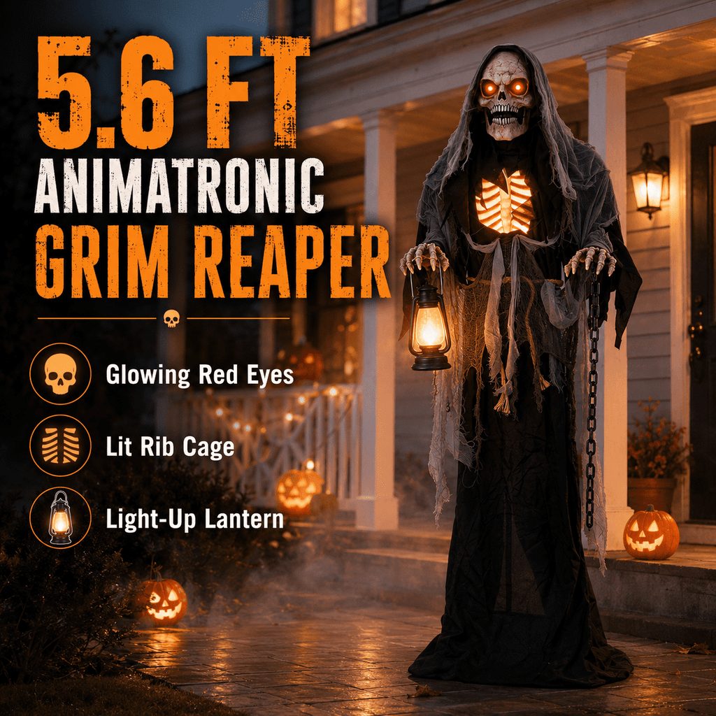 Romswi Halloween Decorations 5.5ft Standing Grim Reaper Animated with Light Up Eyes and Sound-Activated for Spooky Yard Garden Decor