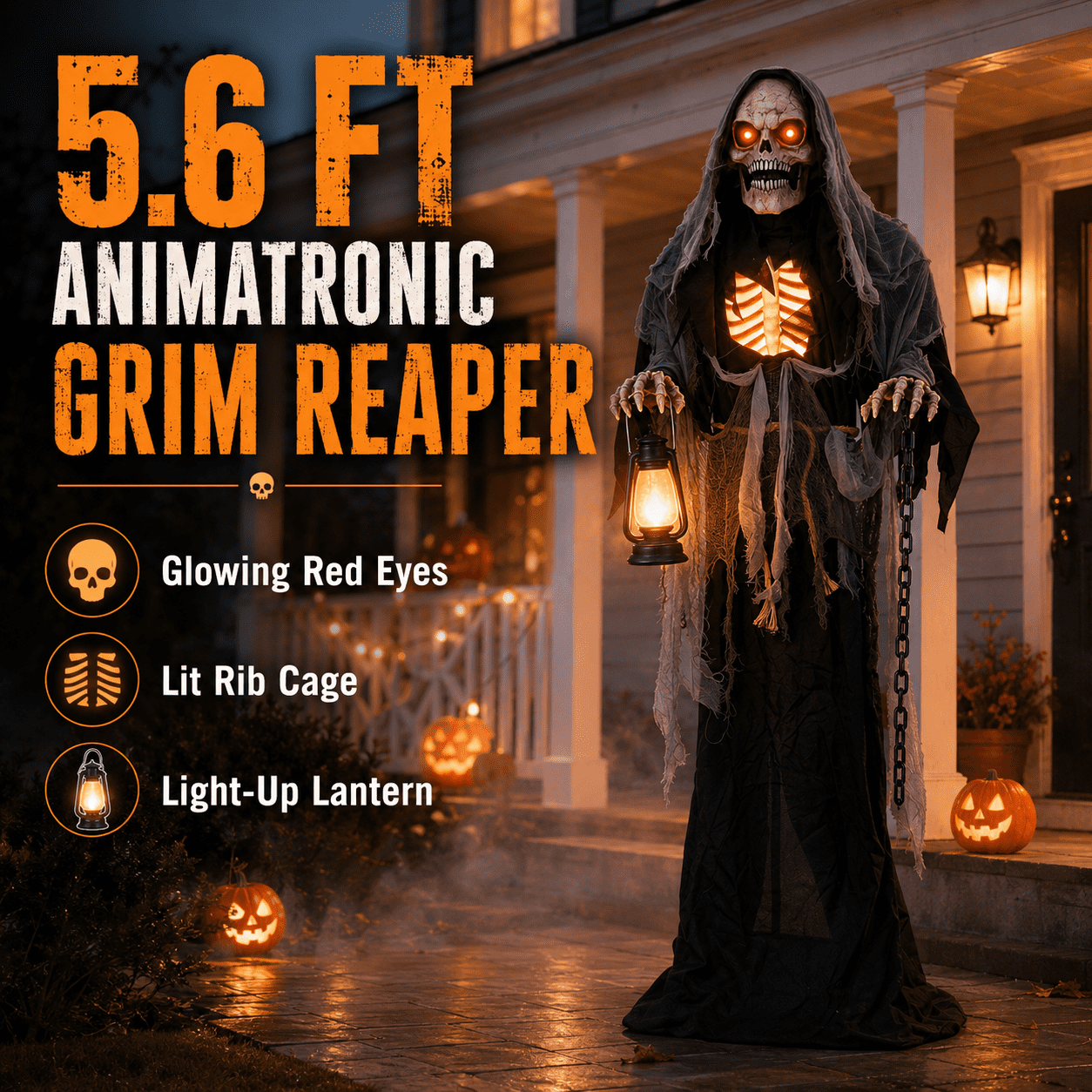Romswi Halloween Decorations 5.5ft Standing Grim Reaper Animated with Light Up Eyes and Sound-Activated for Spooky Yard Garden Decor