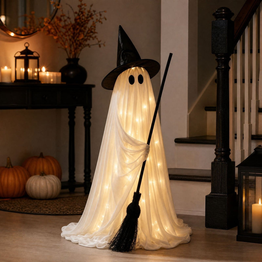 Halloween Decoration Indoor, 5.5 Ft Giant Light-Up Witches Broom, Rustic Halloween Decor for Porch, Yard, Front Door
