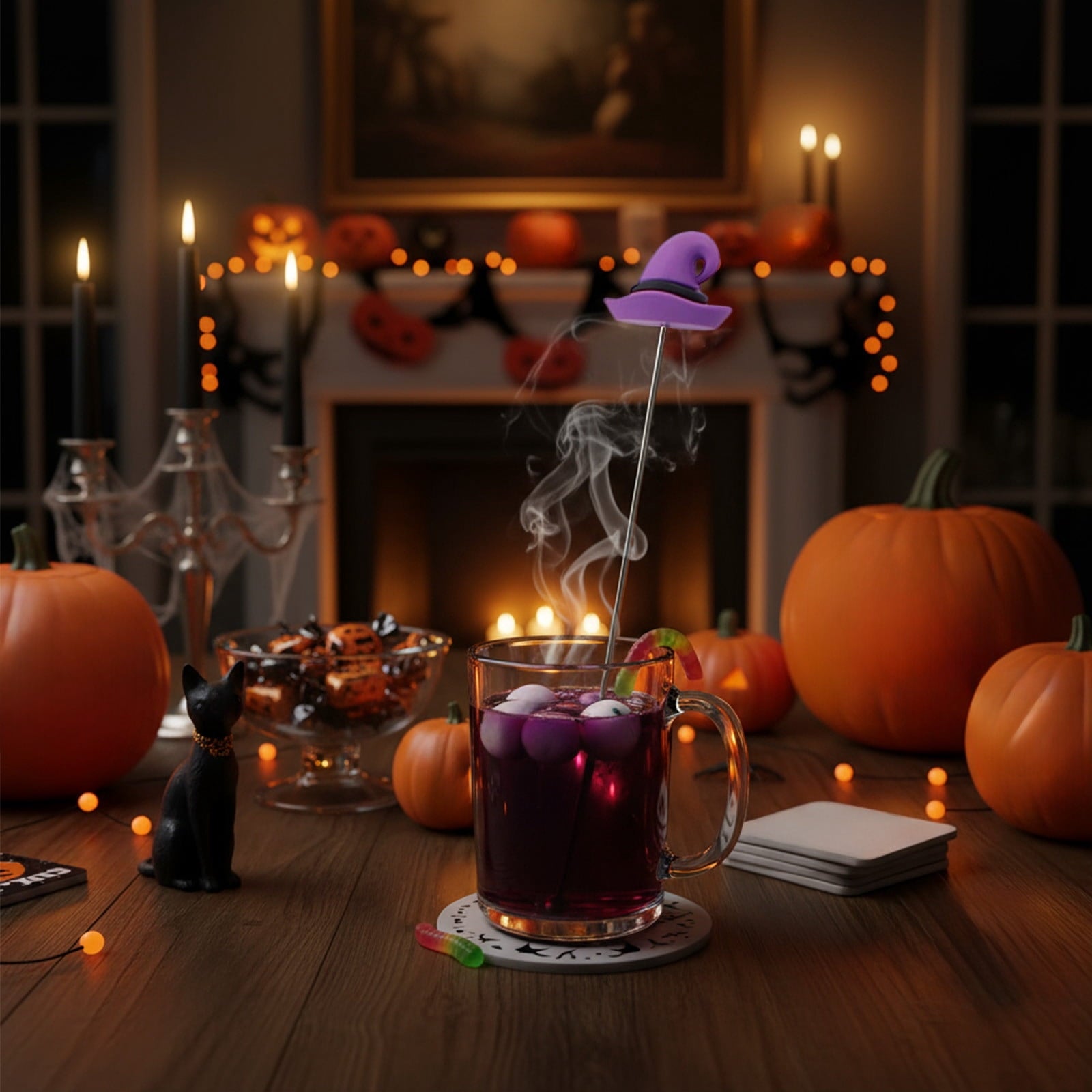 Stainless Steel Mixing Spoon for Cocktails – Halloween Barware, 304 Food - Grade Stirring Rod with Ghost, Witch Hat, Bat & Pumpkin Designs,Orange
