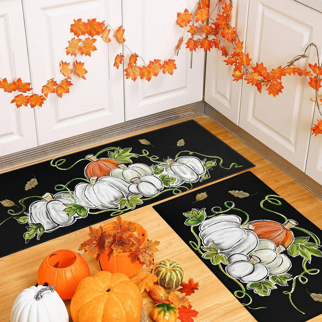 HOARBOEG Fall Pumpkin Maple Leaf Floor Mat 2-Piece Set - Non-Slip Halloween Thanksgiving Decorative Rug for Bathroom, Kitchen, Porch, Entrance, Polyester Foot Mats, Easy Clean Indoor/Outdoor