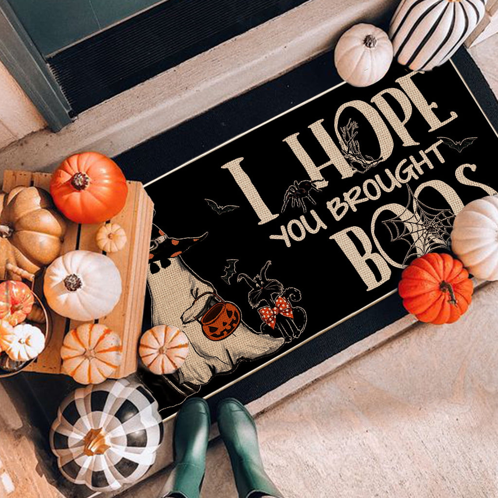 Sm:)e Polka Dot Black Cat, Jack-O'-Lantern, Ghost Halloween Welcome Doormat, 17x29 Inch