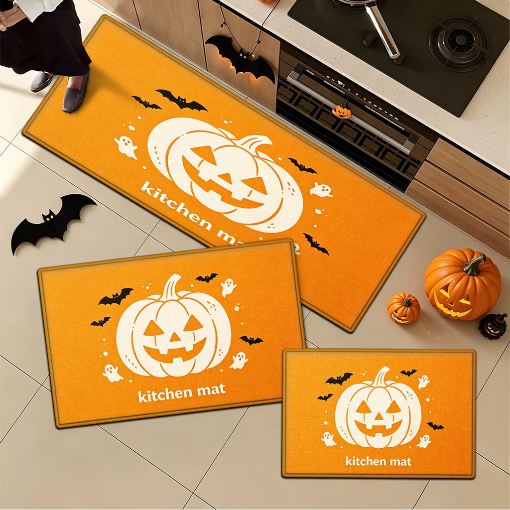 YIMEIS Halloween White Pumpkin Multi-purpose 3-Piece Flannel Mat and Kitchen Rugs,Soft Non-slip for Home Bedroom Bathroom