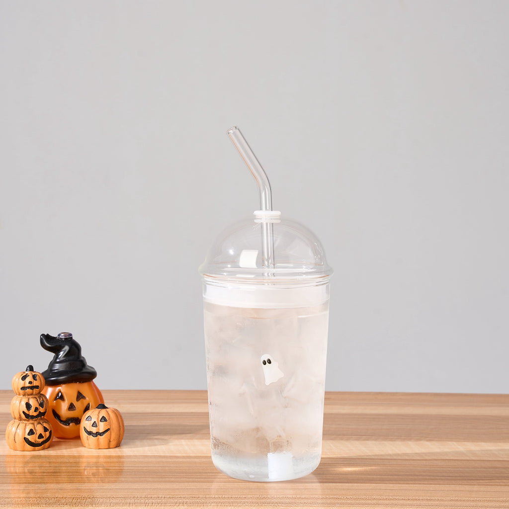 Way To Celebrate 16 oz Ghost Icon Clear Glass Sipper with Lid and Straw
