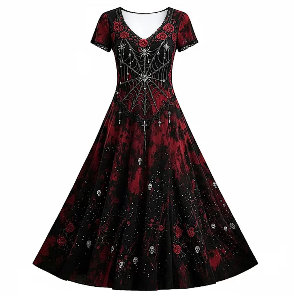 KICILVS Gothic Clothes For Women Black Spiderweb And Spider Print Flowing V Neck Long Maxi Dress Halloween Cosplay Gothic Party Dress