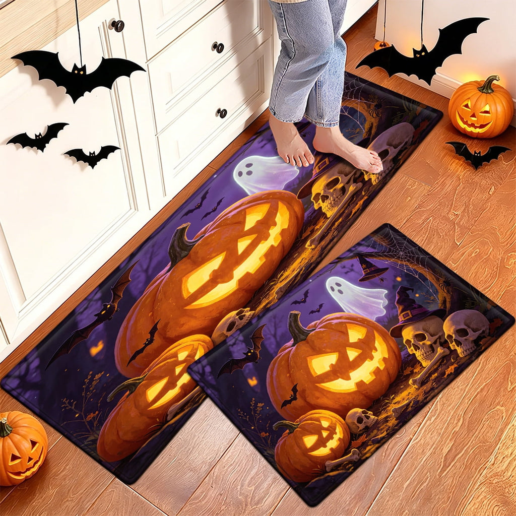 YIMEIS Halloween Pumpkin Lantern 3Pcs Flannel Mat & Kitchen Rugs Set,16''×24'' 20''×30'' 17''×47'' Inches,Soft Non-slip for Home Bathroom