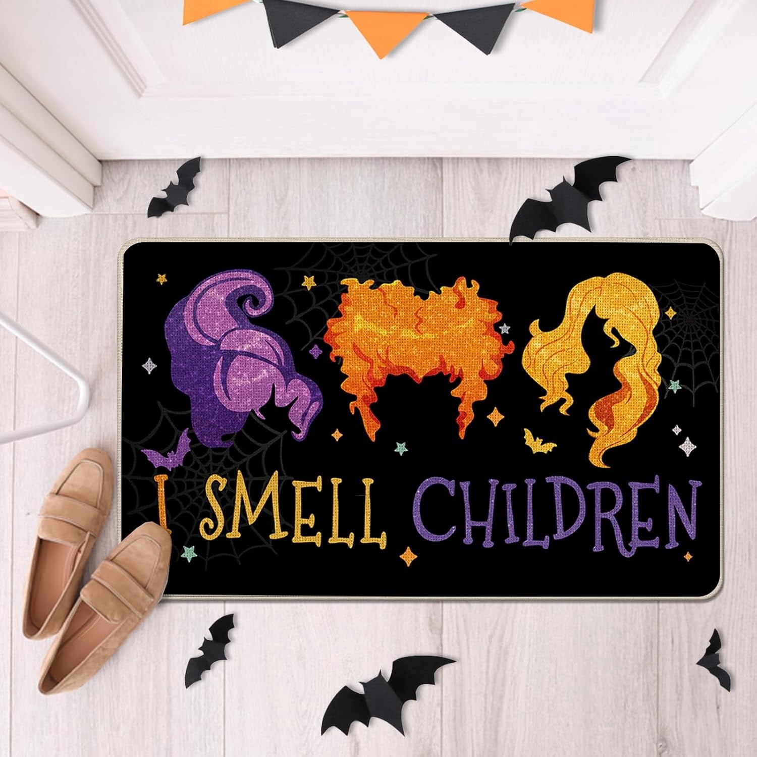 Halloween I Smell Children Decorative Front Door Mat, Sanderson Sisters Witches Hocus Pocus Doormat Indoor Outdoor Floor Entryway Rug, Funny Holiday Home Kitchen Decoration 17x30 Inch