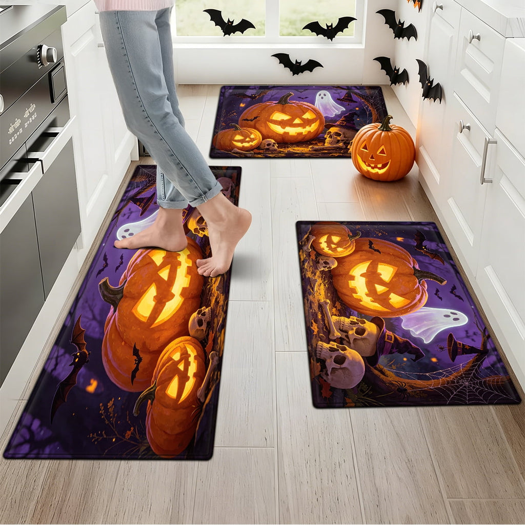 YIMEIS Halloween Pumpkin Lantern 3Pcs Flannel Mat & Kitchen Rugs Set,16''×24'' 20''×30'' 17''×47'' Inches,Soft Non-slip for Home Bathroom