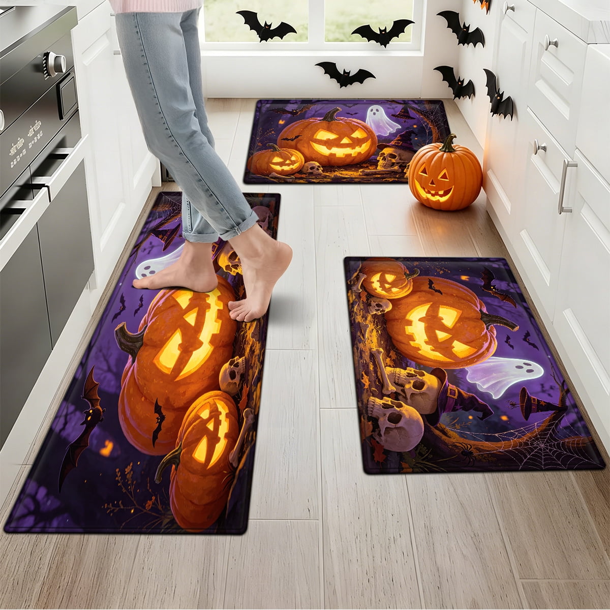 YIMEIS Halloween Pumpkin Lantern 3Pcs Flannel Mat & Kitchen Rugs Set,16''×24'' 20''×30'' 17''×47'' Inches,Soft Non-slip for Home Bathroom