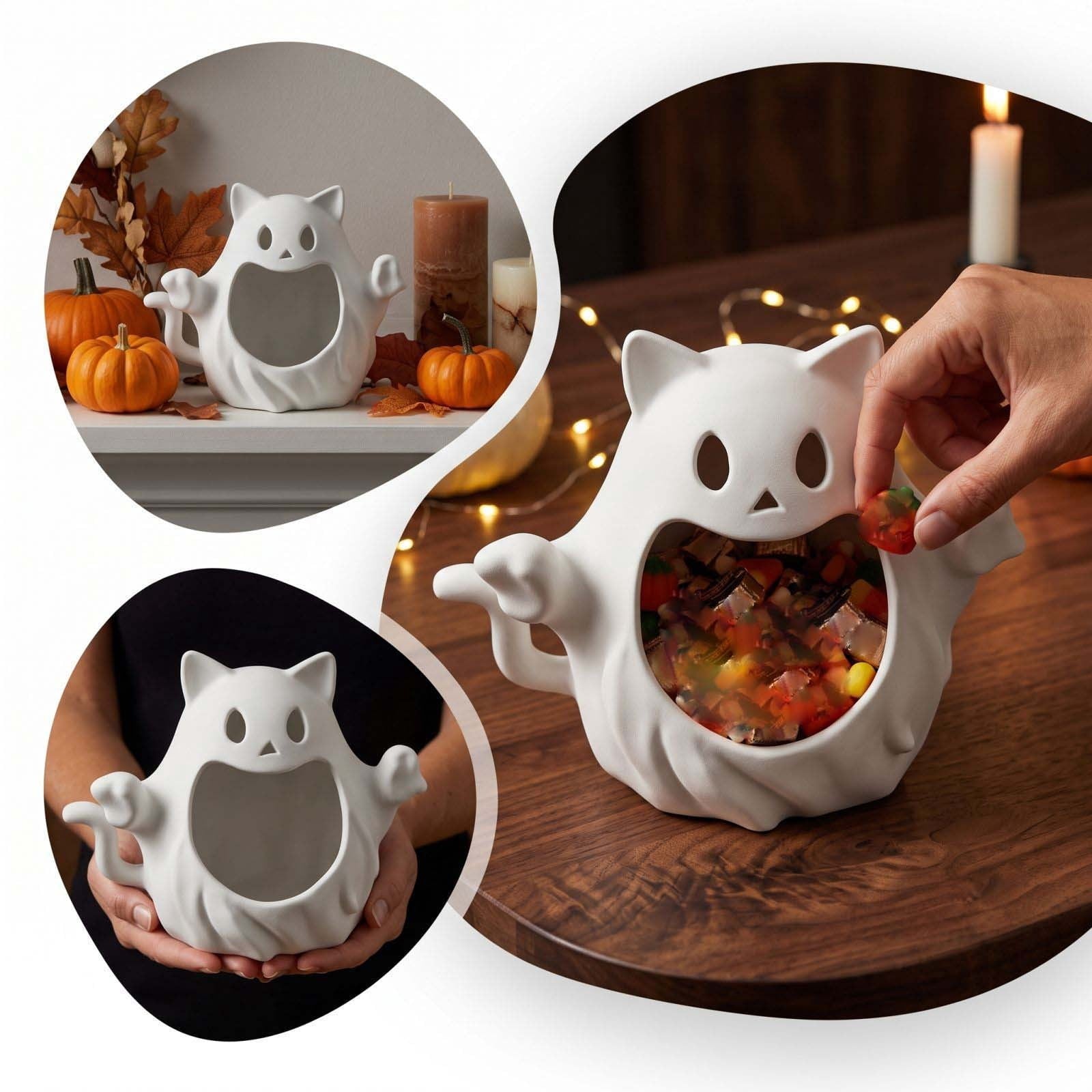 Diceymbol Halloween Pumpkin Snack Bowl Stand Collapsible Broomstick Candy Tray for Cupcakes & Desserts, Resin Serving Platter with Ceramic Pumpkin Bowls