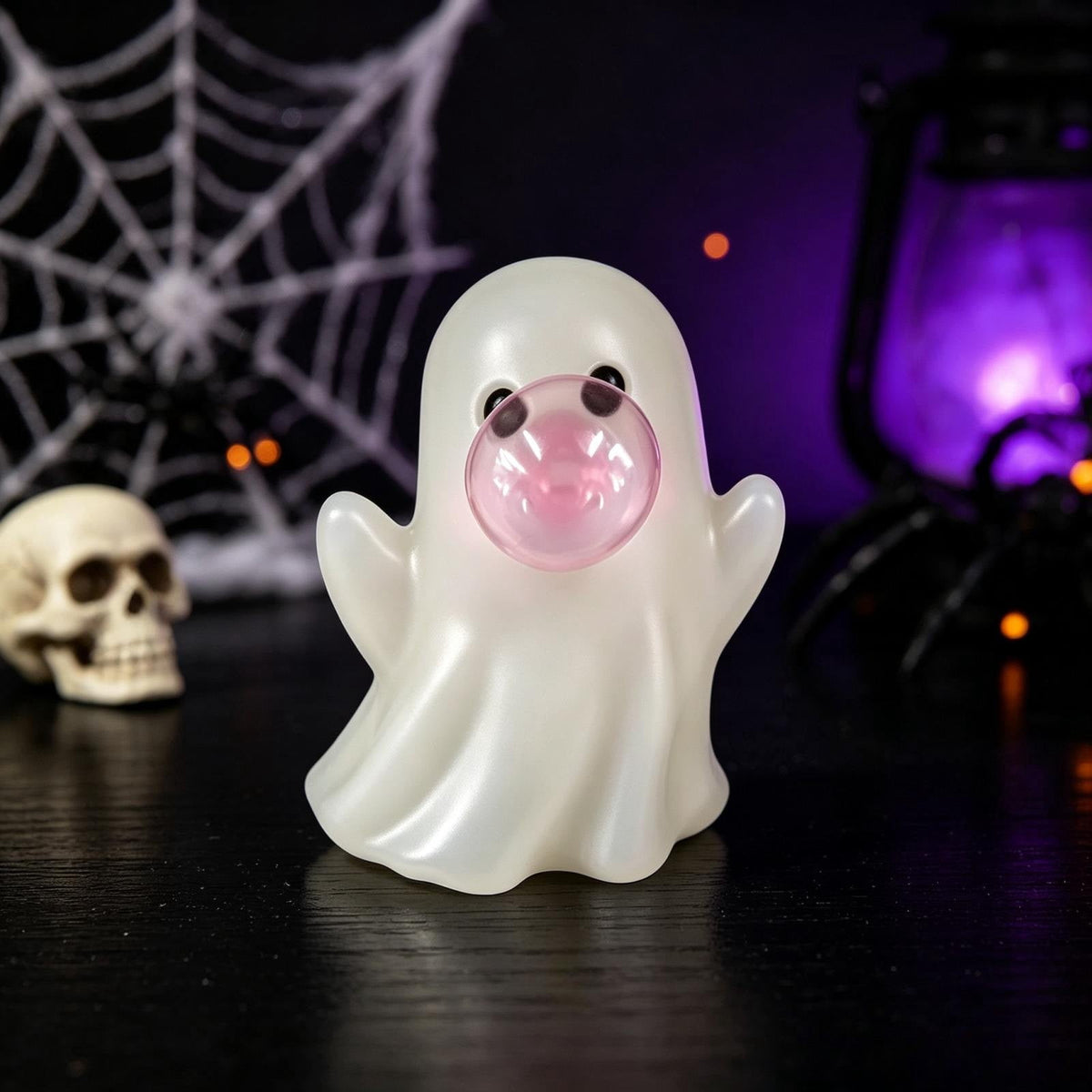 Pink Halloween Decor Ghost Candy Bowl Figurine with Bow and Scalloped Holder for Indoor Tabletop Decor and Party Favor Display