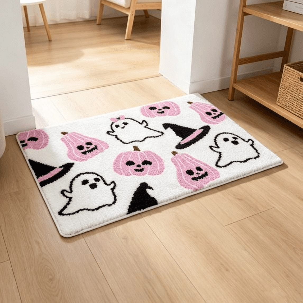 Halloween Doormat Ghost Bath Mat 23.6x15.7in Secure-Grip Absorbent Soft Faux Fur Rug for Bathroom Bedroom Living Room Decor by OVFUIZ