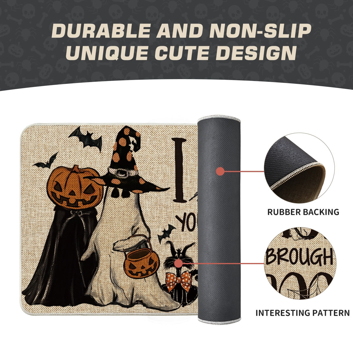 Sm:)e Polka Dot Black Cat, Jack-O'-Lantern, Ghost Halloween Welcome Doormat, 17x29 Inch