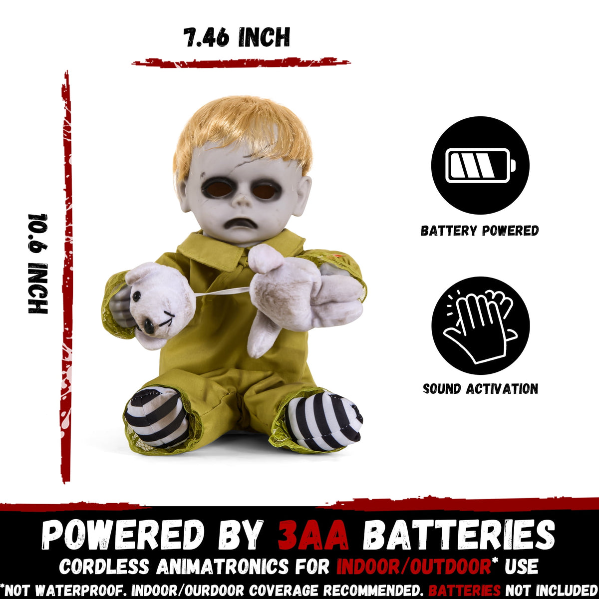 ELAMAS 10 Inch Animatronic Creepy Boy Doll Halloween Animated Decorations with Sound Activated Spooky Sound, Light Up Eyes, Scary Move, Haunted House Holiday Decor Horror Prop for Indoor, Outdoor