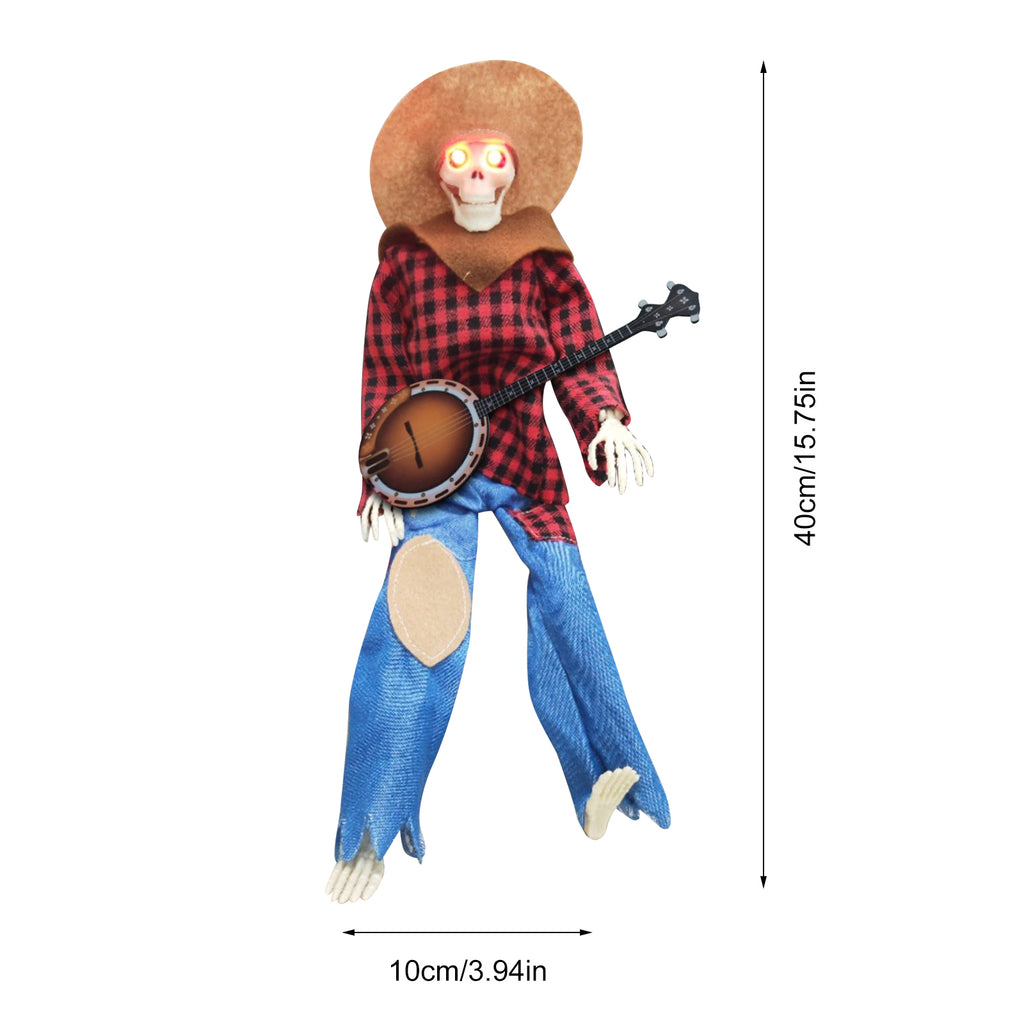 15" Animated Banjo Cowboy Skeletons with Clothes and Hat for Party Shelf Halloween Decorations(Red)
