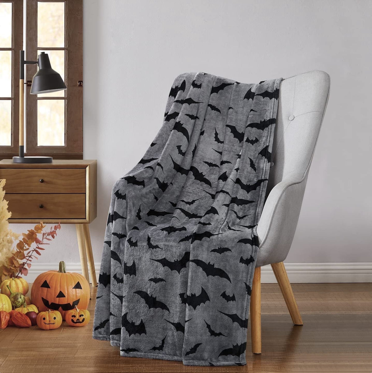 Serafina Home Halloween Throw Blanket: Fuzzy Boo! Jack O'Lantern Spider Webs Skull and Black Cats Print on Velvet Fleece for Sofa Bed Couch Chair Dorm